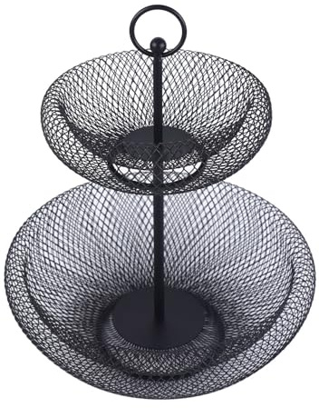 Tyvotrend 2 Stöckig Obstschale, Metall Obstständer Runden Obstkorb Dekorativer Aufbewahrungsregal, für Lagerung von Gemüse Obst Snacks Süßigkeiten, Schwarz, 28 x 36.5 cm