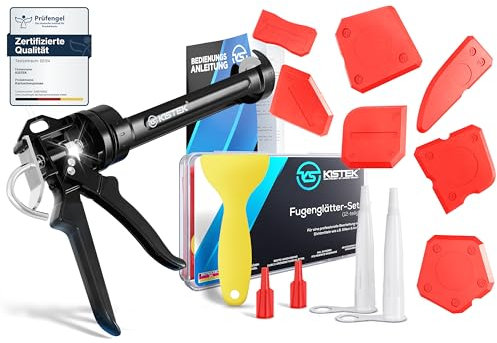 KISTEK® Basic Bundle - Profi 24:1 Kartuschenpresse mit gummierten Griffen & großem Schubteller für Silikon, Mörtel, Acryl + 12-teiliges Fugenglätterset zur Erneuerung von Acryl- & Silikonfugen