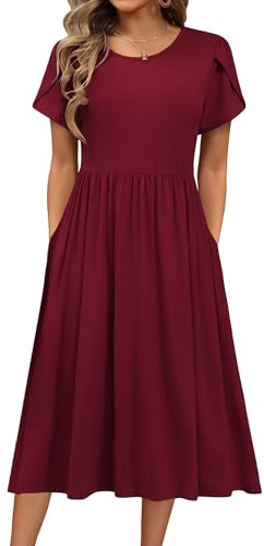 Hotouch Sommerkleid Damen Kurzarm Kleid Rundhals Freizeit Kleid mit Tasche | Einfarbig Strandkleid A-Linie Midi Kleider S-XXL