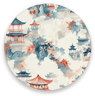 ceramic Chinese Ink Painting Pavilion round black living room decor heat-resistant coasters for drinks with cork backing
