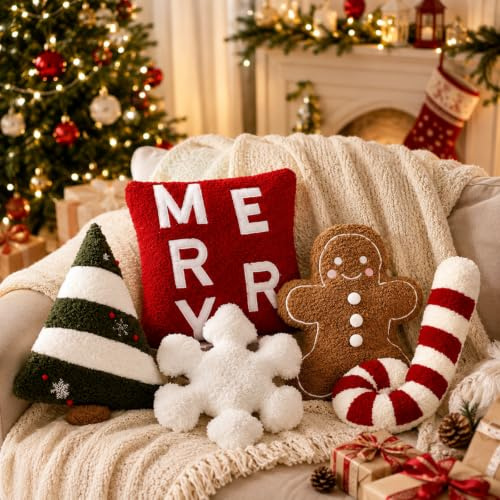 Geelin Weihnachts-Kissen, Lebkuchen-Weihnachtsbaumkissen, Schneeflocke, Zuckerstangen, gefüllt, Plüsch, Frohe Weihnachten, Dekorationen für Bett, Zuhause, Sofa, Couch, Party, 5 Stück