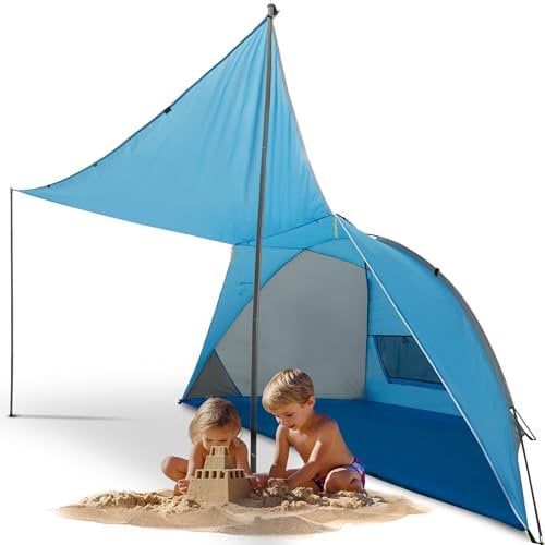 EXPLORER Strandmuschel [270x120x120cm] **mit Sonnendach/verschließbar ** UV Schutz 80+ mit Boden Garten Strand Outdoor Muschel Strandzelt Sichtschutz Sonnenschutz Urlaub