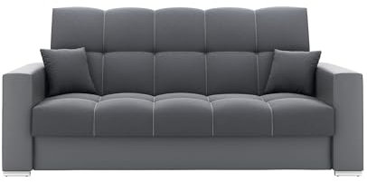LIKMA Ausziehbar 3 Sitzer Sofa Evita Dunkelgrau + Grau Kunstleder 220x91x85 cm Schlaffunktion Bettzeugbehälter 2 Kissen Sofa mit Bettfunktion Gesteppte Schlafsofa Couchgarnitur