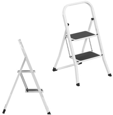 Froadp Klapptritt 2 Stufen, Trittleiter mit Breiten Pedalen, Stahlkonstruktion, Anti-Rutsch-Füße, belastbar bis 150 kg, Faltleiter für Zuhause, Lager, Garage, platzsparend, Schwarz-Weiß