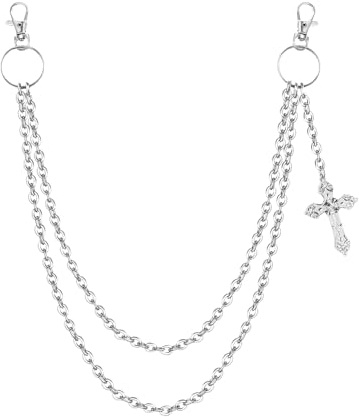 JewelryWe Punk Hosenkette Jeanskette mit Kreuz: Gothic Hip Hop Zweireihige Metall Wallet Chain Rock Hose Kette Silber Brieftaschenkette Halloween Emo Accessoires für Damen Herren