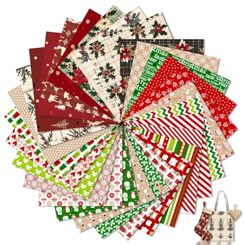 Tatuo 30 Pieces 10 x 10 Inches Cotton Fabric Bundle Squares Patchwork Floral Fabric Sewing Quilting Bundles Assorted Pattern Cloth for DIY Scrapbook Craft Making (Christmas)