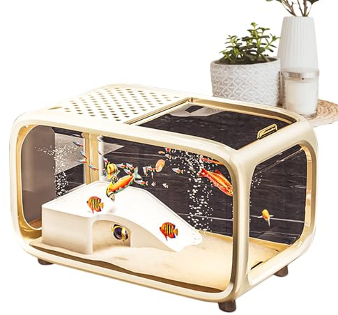 Hozaenwa Kleines Aquarium,Desktop Fischglas Schildkrötenbecken mit Kletterdekoration | Klarer Acryl Landschaftsbehälter Mit Fütterungsöffnung Für Fische Schildkröten Wassertiere