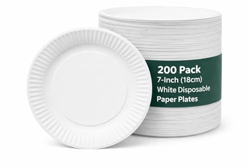 1ABOVE 200 Pack 7-Inch (18cm) White Paper Plates – Disposable Round Plates for Catering, BBQs, Parties & Everyday Dining
