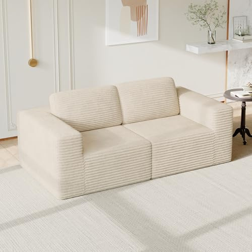 Vesgantti Modulares Cord-Loveseat in Beige, 202 cm mit Federkern & extra tiefer Sitzfläche, kompaktes 2-Sitzer Sofa für kleine Räume und Wohnungen, Flexibles Design, kein Aufbau nötig