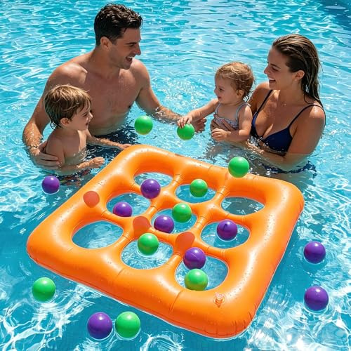 Hainue Juego Inflable Trés en Raya Piscinas,Tic-TAC-Toe para Piscina con 10 Pelotas inflables, Juguete Inflable de Malla para Piscina con Bomba Manual, Juguete acuático para niños y Adultos