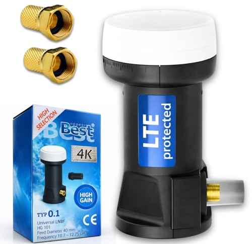 Universal Single LNB 1 Teilnehmer – High Gain, LTE geschützt – Digital Satelliten LNB für Sat, Full HD, 3D, 4K UHD – Wetterschutz, rauscharm, hoher Signalgewinn für Astra, Hotbird + 2X F-Stecker