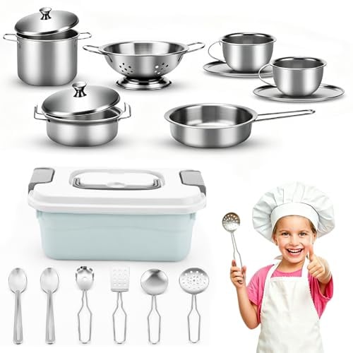 17 Stück Kinderküche Zubehör, Spielküche Set, Edelstahl & Holz Kochutensilien, Topfset & Kochgeschirr, Küchenspielzeug für Kinder, Jungen & Mädchen, Matschküche & Outdoor