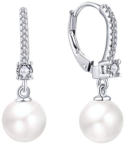 JO WISDOM Damen Perlen Ohrringe Perlenohrringe Sterling Silber 925 Leverback Hängend Hochzeit Ohrringe mit 8MM Perlen 3A Zirkonia,Schmuck für Frauen