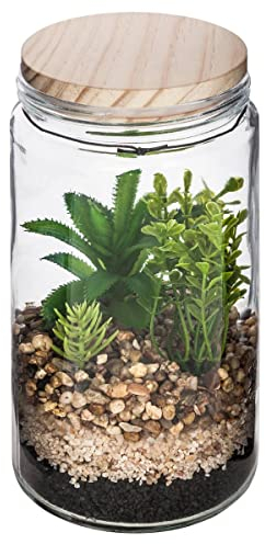 Atmosphera - Terrarium avec Plante Artificielle - Pot en Verre et Couvercle en Bois - H22 cm - Modèle 2