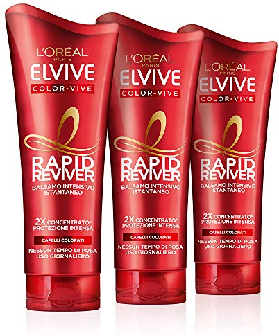L'Oréal Paris Elvive Rapid Reviver Acondicionador Intensivo Instantáneo Color Vive, enriquecido con aminoácidos y vitamina E, para cabellos teñidos, paquete de 3