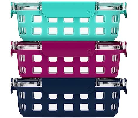 Ello DuraGlass Glass Food Storage Meal Prep Containers with Silicone Sleeve and Airtight Lids, 6 Piece 3 Pack Multi-Size, Mixed Berry