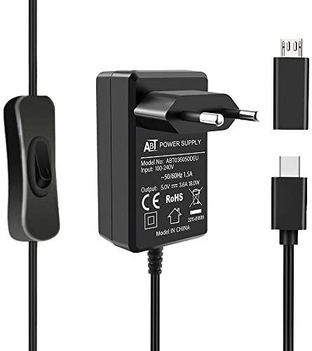 GeeekPi Raspberry Pi 4 18W 5V 3.6A Netzteil,USB C Netzteil mit ON/Off Schalter für Raspberry Pi 4 8GB/ 4GB/ 2GB/ Orange Pi 5 /5B /5 Plus,Raspberry Pi 4 Netzteil mit A Micro USB Adapter für Pi 3B+/3B