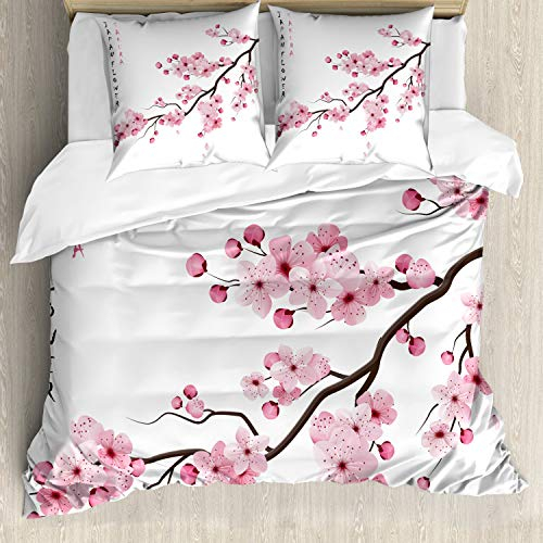 ABAKUHAUS Asiatisch Bettwäsche Set für Doppelbetten, Japanischer Kirschzweig, Weicher Microfaserstoff Allegigeignet kein Verblassen, Rosa Weiß