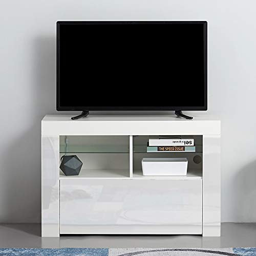 Panana LED TV Stand Cabinet Unit Modern 100cm Width TV Desk with Pull Out Drawer for Entertainment Living Room Furniture (White Sideboard Matt & White Doors without LED Light)