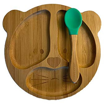 Baby Bamboo Suction Plate Spoon Set Feeding Suction Plate with Compartments Lion Plate Green