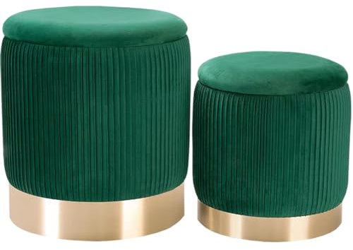 YYW HOME Green Velvet Round Storage Ottoman Set of 2 - Living Room & Bedroom Dorm Storage Ottoman Stool Accent Chairs with Modern Gold Base