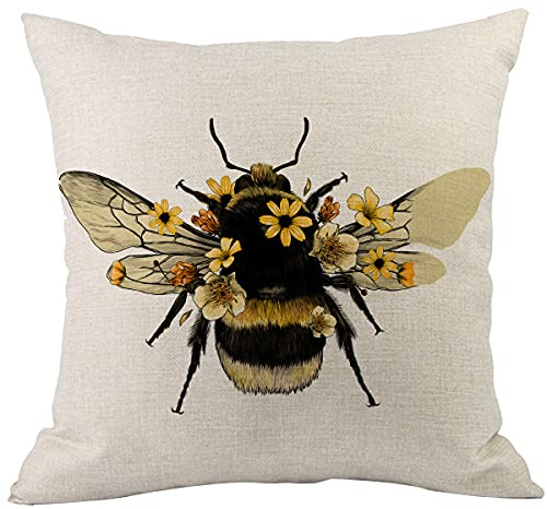 Cansego - Federa per cuscino con animali e insetti e ali con fiori gialli per la casa, in cotone e lino, 45 x 45 cm