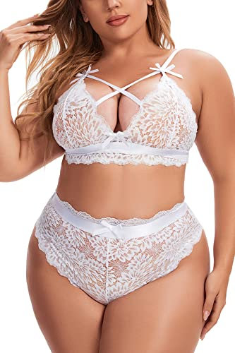 Aranmei Ensemble Lingerie Femme Sexy Grande Taille Soutien-Gorge Dentelle V Profond et Ensemble de Culotte Taille Haute Ensemble Bralette à Bretelles Croisées, Blanc, XL