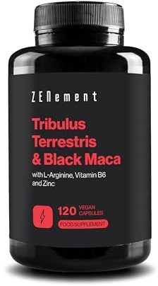 Tribulus Terrestris y Maca Negra - con L-Arginina y Zinc - 120 Cápsulas | con Vitamina B6 - Mantenimiento Testosterona - Vegano, Sin Aditivos - 2-3 Cápsulas al Día, 40 Días de Suministro - Zenement