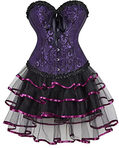 Corset Jupe Bustier Robe Set Femmes Sexy Dentelle Floral Guêpière Lingerie Grande Taille Burlesque Violet 6XL