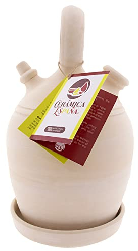CERÁMICA ESPAÑA | Botijo de Barro Tradicional español | Botijo asa Redonda Base Ancha | 100% Hecho a Mano | 1.75 litros | Eco | Plato Incluido
