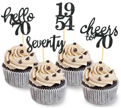 24 Stück Glitzer 70. Geburtstag Cupcake Topper, 70 Geburtstag Deko von 1955 für 70 Geburtstagsfeier Zubehör Party Dekoration Kuchendekoration (Schwarz)