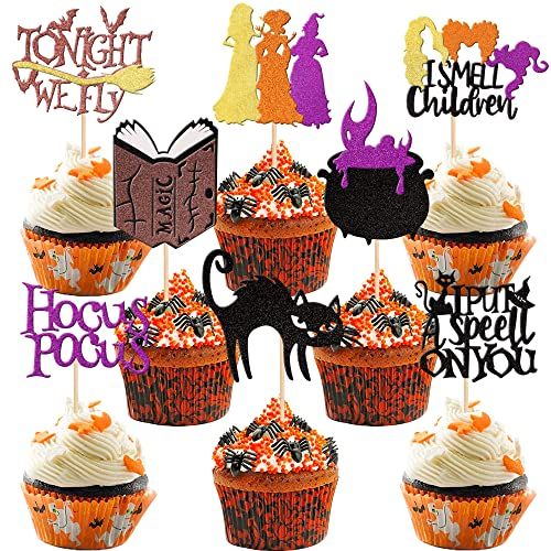 32 Stück Hocus Pocus Cupcake Toppers Glitter Magisches Buch Hexe Haar Katze Halloween Cupcake Picks die ich einen Zauber auf Sie Halloween-Thema Baby Dusche Kinder Geburtstag Party Kuchen Dekorationen
