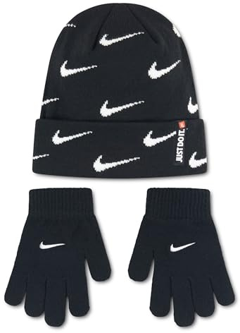 Nike Jungen (8-20) Strickmütze und Handschuhe Set Schwarz Weiß, GRAU