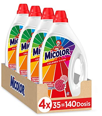 Micolor Gel Colores Vivos (pack de 4, total: 140 lavados), detergente líquido para lavadora con tecnología recupera colores, jabón para ropa de color