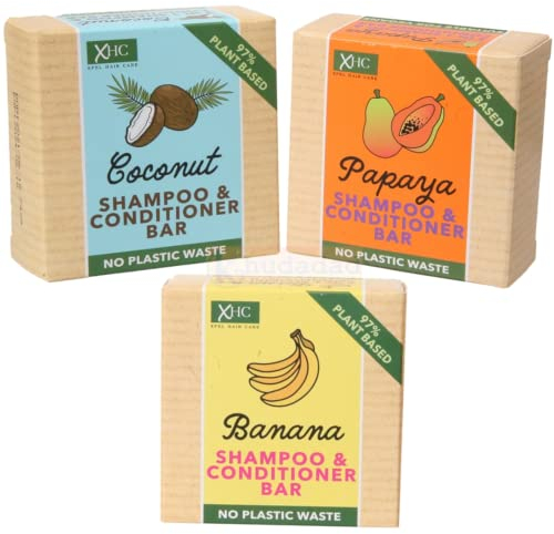 3 x XHC Shampoo & Conditioner Bars - 2 in 1 Bar- No Plastic Waste - Coconut, Banana & Papaya