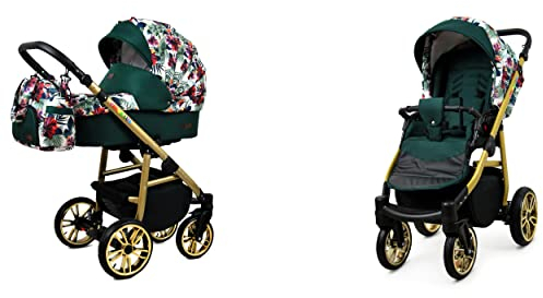 BabyLux Color Lux 2-in-1 Baby Kinderwagen Tief und Kinderwagen mit Zubehör Verstellbar und faltbar Aluminiumkonstruktion Wasserdichte Nicht abnehmbare Räder Chili Flowers Gold Frame