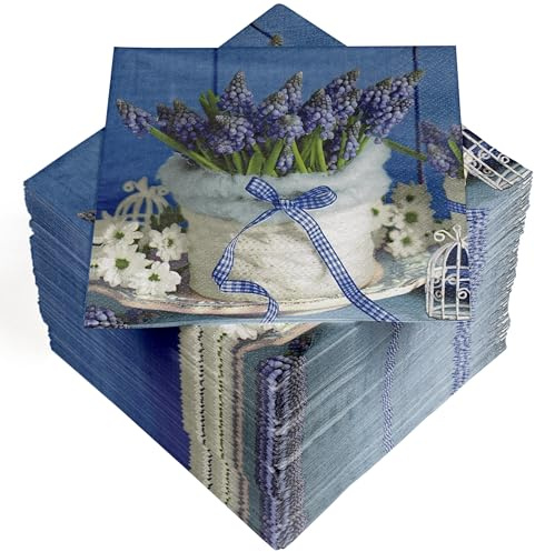 HEKU Lot de 100 serviettes en papier triple épaisseur, 33 x 33 cm, absorbantes et pratiques dans un emballage pratique, idéales pour les mariages, anniversaires et occasions spéciales, jacinthes