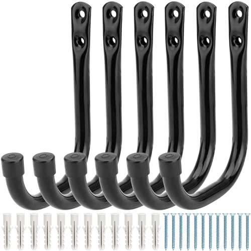 Heavdace Ganci per garage, 6 ganci a J resistenti, per montaggio a parete, organizer in acciaio per attrezzi da giardino, borse, tubi, scale, attrezzature sportive