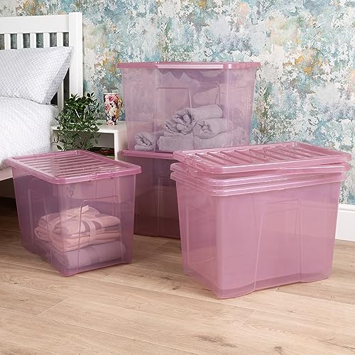 Wham Crystal 5x 80L Plastic Storage Boxes with Lids Tint Dusky Orchid (Pink). Large Size, Strong (Pack of 5, 80 Litre). Made in the UK