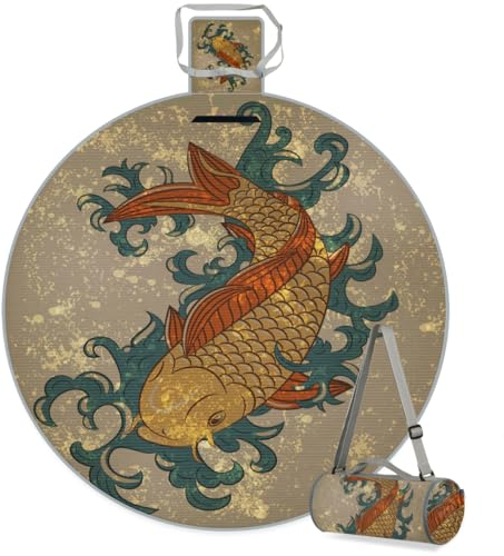 TropicalLife Koi Fish Japan Runde Picknickdecke Koi Wasserdicht Faltbare Indoor Outdoor Matte Teppiche für Strand Camping Park Familientreffen Aktivitäten