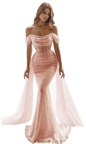 Générique Robes De Bal De SirèNe Scintillantes pour Femmes Paillettes à éPaules DéTachables Robes De SoiréE De Train Longues Robe De Bal TraîNante Rose Gold XS