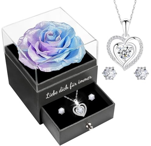 Miofula Ewige Rose Geschenke für Frauen, Konservierte Rosen mit Herz Halskette und Ohrringe aus 925 Sterlingsilber, Rosen Geschenkebox für Mama Frau zum Geburtstag Weihnachten Valentinstag Muttertag