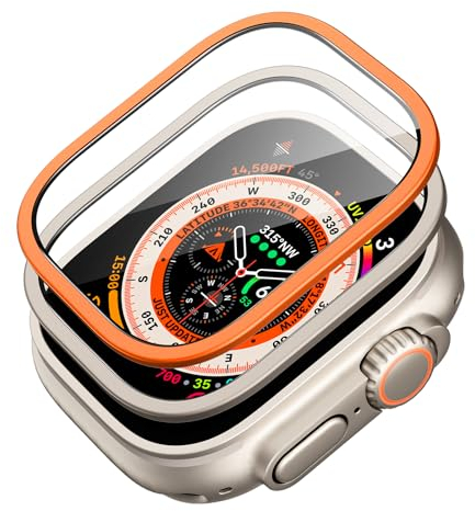 ESR Protector Pantalla Armorite para Apple Watch Ultra (2023/2022, 49 mm), Cristal templado, Marco Acero Inoxidable, Cobertura Total, Resistente Arañazos, Transparencia HD, Metálico y Naranja, 2 Pack