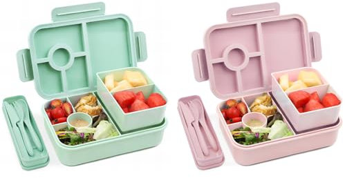 Bugucat Lunchbox Kinder 1300ML 2 Set, Brotdose mit Fächern Bento Box mit Besteckset, Brotdose für Kinder und Erwachsene, Vesperdose Frühstücksbox für Mädchen & Jungen BPA-Frei GRosa