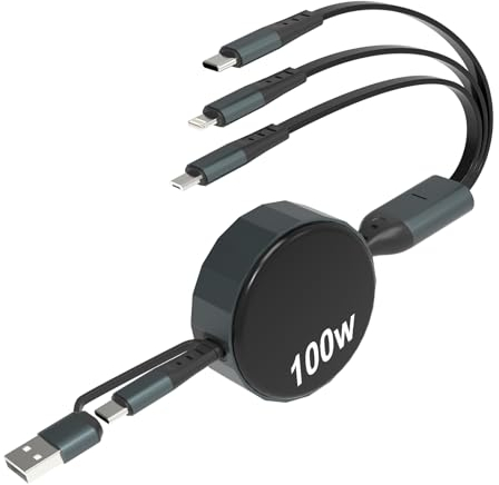 Retractable 3 in 1 Multi Charging Cable USB C 100W Fast Charging Cable - 5 in 1 Multi Charger Adapter Cord USB A & C to Lightning/ Type C/ Micro USB for iPhone, Android, iPad, Laptop, Travel Essential