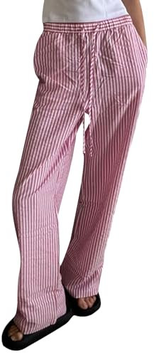 Caziffer Pantalon Femme Décontracté Droit Rayé Pantalon Léger Taille Haute à Lacets pour Femme Été (Rose, s)