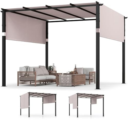 RELAX4LIFE Pergola Jardin Extérieur 3x3 M, Pergola avec Auvent Réglable et Rétractable, Tonnelle de Jardin Extérieur, Cadre Métallique, Toile Polyester, pour Jardin, Piscine, Cour (Gris Clair)