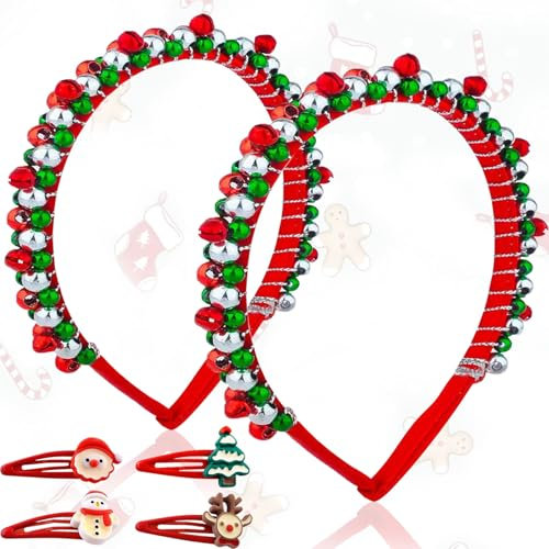 2 Stück Weihnachten Haarreifen, Weihnachts Kopfschmuck mit Glöckchen Stirnbänder, Haarreif Haarschmuck mit 4 Haarspange für Kinder Erwachsene Kopfschmuck für Tägliche Party Weihnachtsfeiern Cosplay