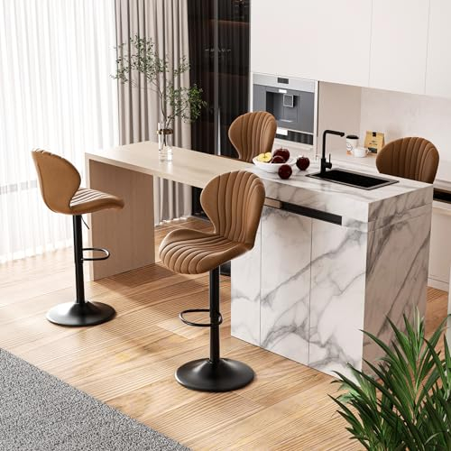 Hawthyhome Barhocker 4er Set |Barhocker Höhenverstellbar mit lehne •Hocker aus Fabric•Küchenstühle mit Fußstütze •Barstühle Drehstühle •360°Drehbar Einfache Montage •Braun