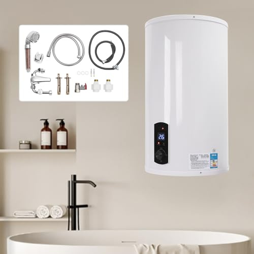 MEELRYD 70 L Boiler, 220V Elektro Warmwasserspeicher Wandmontage Warmwasserboiler Rostfreier mit 70L Speicher und 25-75°C Einstellbare Temperatur mit Wasserhahn Duschkopf (Weiß)